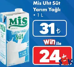 MİS UHT SÜT YARIM YAĞLI 1 L indirimli fiyat MİS UHT SÜT YARIM YAĞLI 1 L fiyat ve kampanya bilgisi